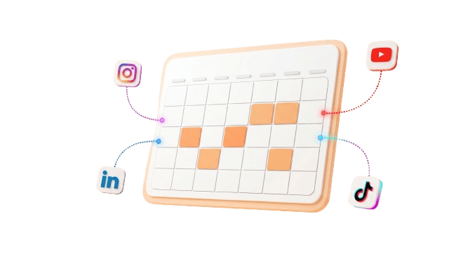 DM IQ multi-channel content calendar — schedule posts up to two years across Instagram, TikTok, LinkedIn, and YouTube
